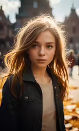 a girl is posing for the camera in a city