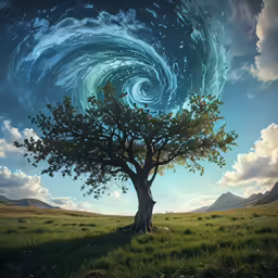 the painting is of a tree in an open field