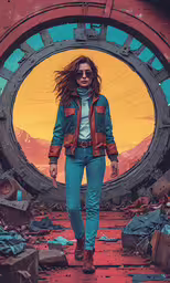 a woman in blue pants and jacket standing inside a round structure,the artist uses digital color to create his unique artwork