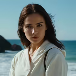 a woman standing on a beach next to the ocean