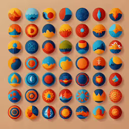 round badges arranged on top of each other,a set of various flat design icons on a brown background