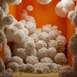 several clouds are seen in the air above a orange wall
