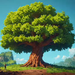 a painting of a man in front of a large, green tree,an illustration of a large green tree in the distance with a person next to it