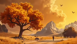 a man walking in the wild with a yellow tree in the foreground