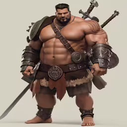 a very big man wearing a costume with two swords