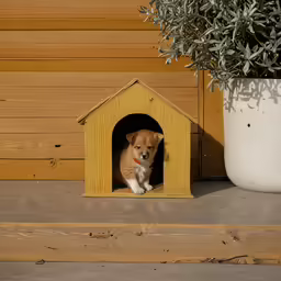 a puppy inside of a wooden house next to a potted plant