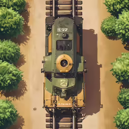 an overhead view of a train on tracks