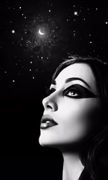 the woman has dark makeup and stars above her