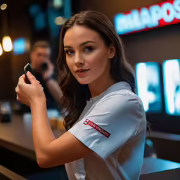 a woman standing next to a bar and taking pictures