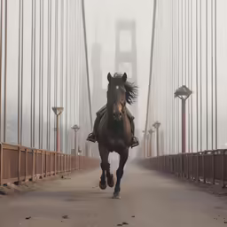 horse running along road beside large bridge on cloudy day