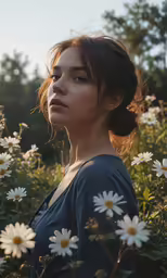 a beautiful woman in a flowery field with sun shining in the background