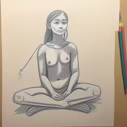 a drawing of a woman sitting on a pillow,drawing of a young lady sitting with a cigarette and shirt on
