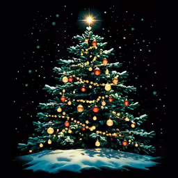 christmas tree with lights and stars on a dark night