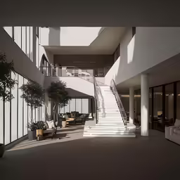 the hallway leads to two floors, one for a couch and one for a chair