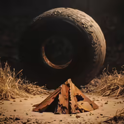 a pile of wood with a truck tire sitting by it