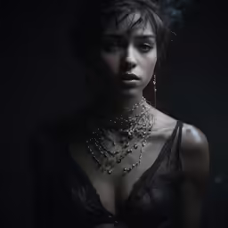 a close - up of a woman wearing lingerie with diamond necklaces