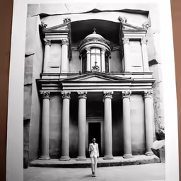 there is a black and white photo of a woman in front of a building