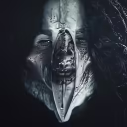 a woman with a knife in her mouth is shown