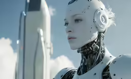 a humanoid looking girl with headphones near a rocket