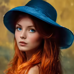 young girl with blue hat looking off to the side
