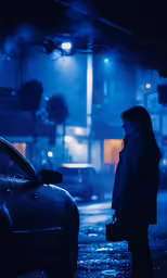 a person standing near a parked car in the dark