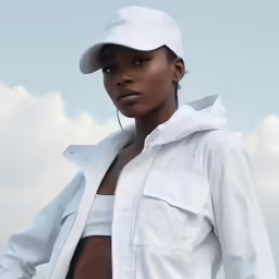 a woman wearing a white hat and jacket