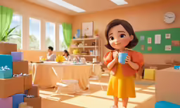 an animated woman holding a cup in a room