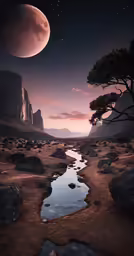 a planet with water, rocks and trees in the foreground