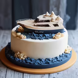 a fancy white and blue cake on display