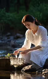 a woman is holding a basket while sitting by the water