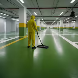 a person wearing yellow stands while mopping in an empty building