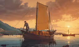 a man stands on a sailboat in the middle of a harbor,an artist