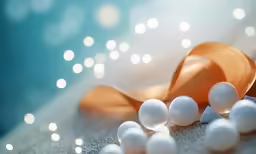some white pearls in front of an orange ribbon