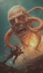 there is a giant octopus and a man on the ocean