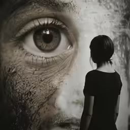 the woman is standing next to the painting of a close up eye