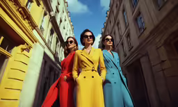 three women in coats are standing together in front of some buildings