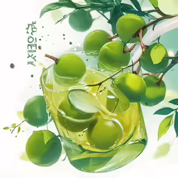 an apple juice painting with water, green apples and leaves in glass