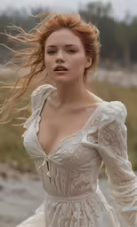 a woman is wearing a white dress while walking through the wind