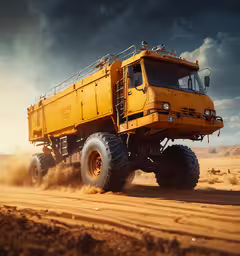 an image of a dump truck in the desert,an image of a large truck coming off the sand