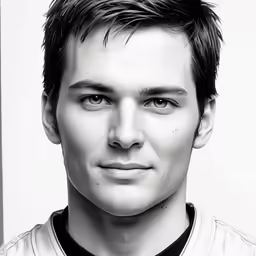 black and white photograph of man in a polo shirt