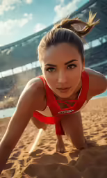 a woman with a very sexy look on her body laying on the beach
