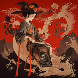 a painting of a woman dressed in an oriental garb sitting in a chair with an old photo camera