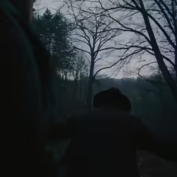 two men standing in the dark looking at the woods