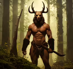there is a male warrior with many horns on his face,a man with horns and a large horned head and his staff standing in the woods