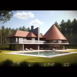 a rendering of a house on an island with three pyramid shaped roofs