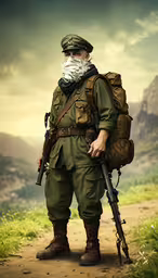 an old fashioned poster of a soldier with guns,a man with a long beard is in the army