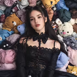 a young woman is laying in a bed of teddy bears