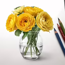 flowers sit in a clear vase with colored pencils