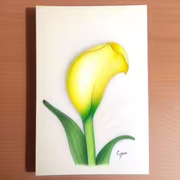 a yellow tulip on white paper in color on the table,a close up of a card with a flower in the middle,a painting of a yellow flower sitting on top of a wooden table,a white paper with a flower painting on it,a yellow flower is shown on a white card