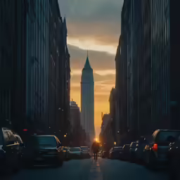 a city street with many tall buildings at sunset